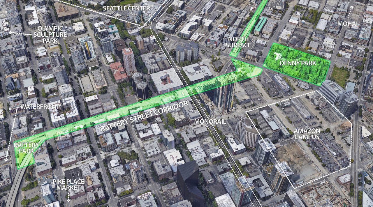 A diagram of a proposed street project outlined on a map of downtown Seattle.
