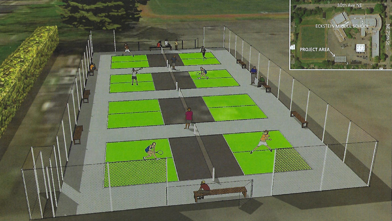 A rendering of people playing pickle ball on a court with a map in the corner of the proposed court location.