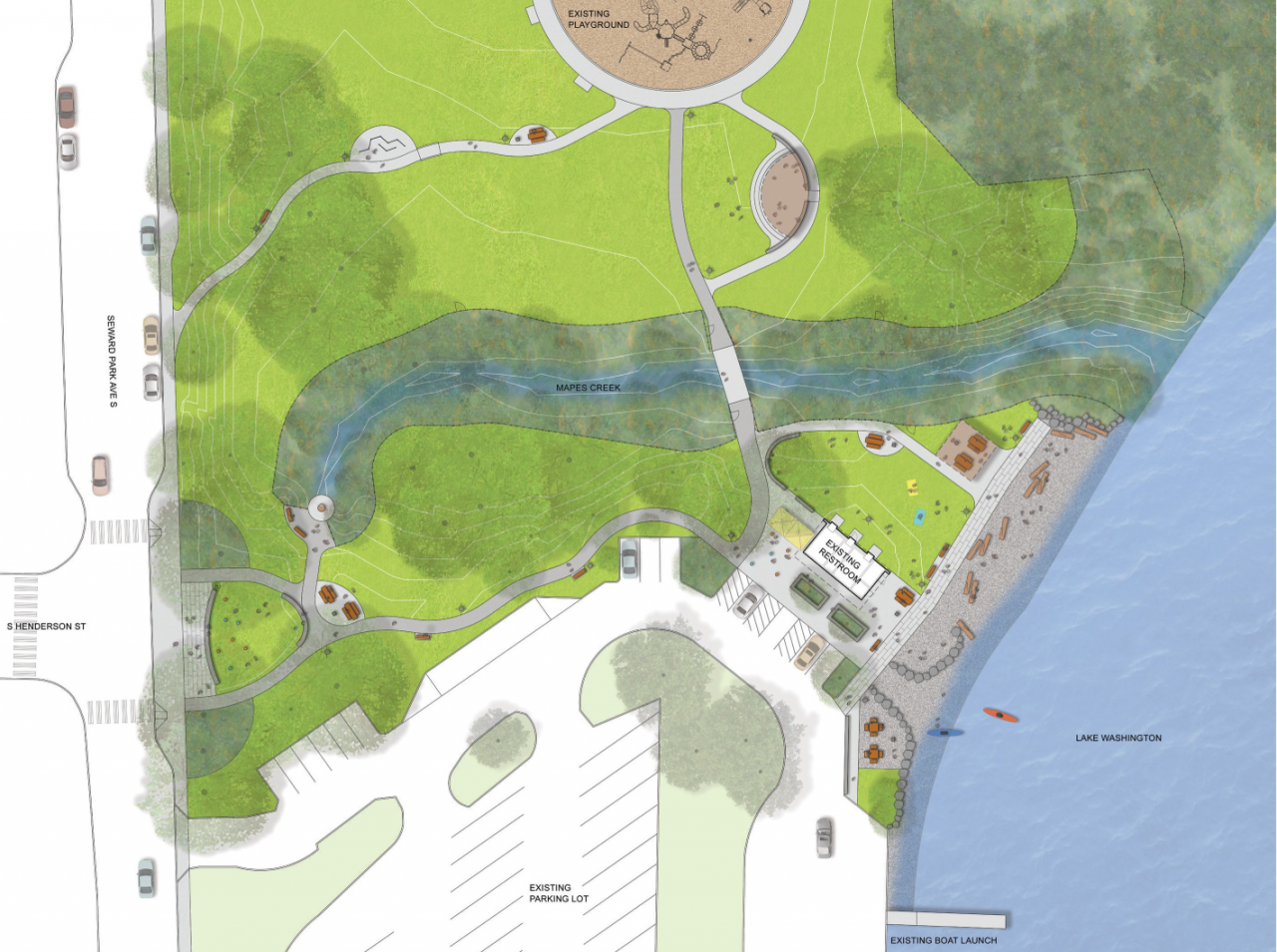 A diagram showing proposed changes to the park including new plantings and paths.